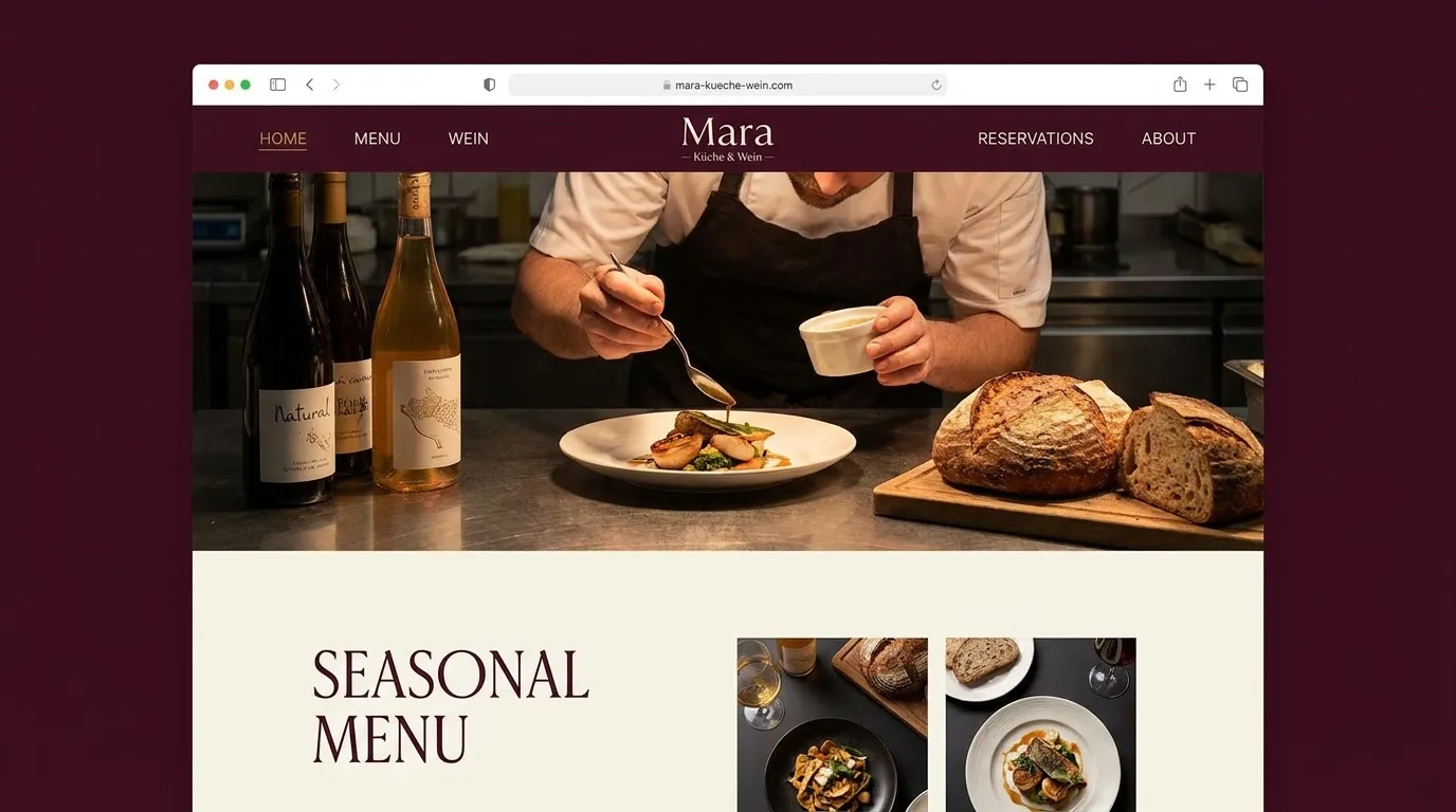 Designstudie einer Restaurant-Website in Burgunderrot und Creme mit Koch und saisonaler Speisekarte.
