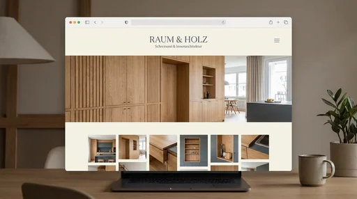 Fiktive Website Raum & Holz: warme Eichentöne und ein helles, ruhiges Layout für eine Schreinerei.